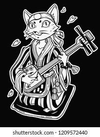 Сat musician. Vector isolated illustration. Fantasy art, beauty, boho style, stickers, coloring books.