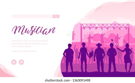 Musician vector landing page template. Country music festival web banner layout design. Blues singers performing on stage. Live folk rock concert. Audience silhouettes flat minimalistic illustration