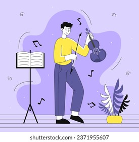 Musician violinist line concept. Man with cello near sheets with notes. Music and useful hobby and leisure. Young guy with musical instrument indoor. Linear flat vector illustration