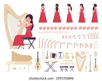 Musician, woman playing classical music, orchestra musical instruments, construction set. Harp, grand piano, guitar, violin, synthesizer. Vector illustration, different emotion