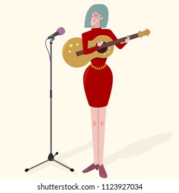 musician woman playing guitar.  Caucasian tall girl playing music instrument and singing. vector illustration