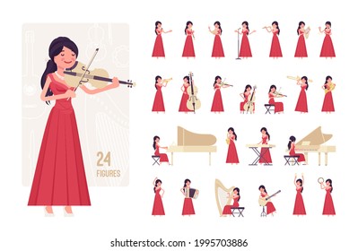 Musician, woman playing music, musical instruments, character set, pose sequences. Harp grand piano guitar double bass violin orchestra. Full length, different views, gestures, emotions, position