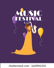 Musician woman with saxophone design, Music festival sound melody song musical art and composition theme Vector illustration