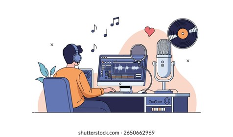Musician working on audio editing software with headphones and microphone recording music and sound effects for a podcast or song project