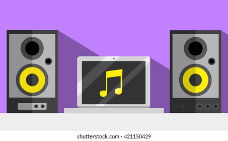 Musician working place. Equipment for musician. Notebook and studio monitors. 
