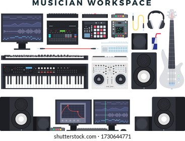 Musician workspace, set of elements. Musician's working digital equipment, musical instrument, computer, software. Vector illustration.