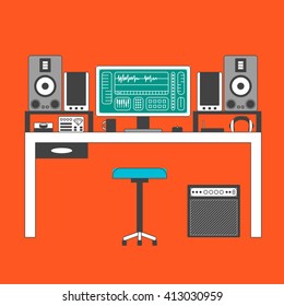 Musician workspace vector multocolor flat thin line illustration. sound producer working table with digital equipment. Computer, headphones, sequencer, loudspeakers and combo isolated on white.