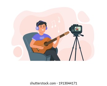 Musician young man blogger plays acoustic guitar. Records a music lesson or concert on a video camera. The concept of working from home, online school, training. Vector graphics
