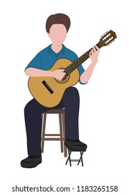 Musician young man sitting on a chair playing Classical guitar. cartoon vector isolated on white background