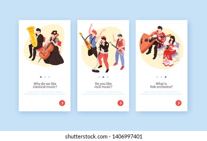 Musicians 3 isometric vertical banners set with classical music performance rock band and folk orchestra vector illustration 