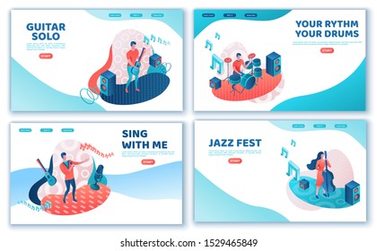 Musicians 3d isometric landing page set with trendy eometric patterns, music band artists, jazz fesival background, piano, drum, cartoon collection of musical people, blue and coral color