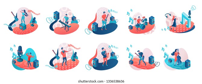 Musicians 3d isometric set with trendy geometric patterns, music band artists, jazz fesival background, singer, guitar, piano, cartoon collection of musical people, blue and coral color