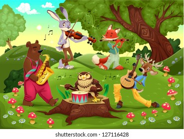 Musicians animals in the wood. Cartoon and vector illustration.