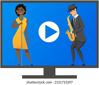 Musicians Or Artists Making Online Show. Musical Band Perform With Jazz Or Blues On Device Monitor Screen. Online Livestream Performance, Internet Broadcasting. Video With Couple Singing Song