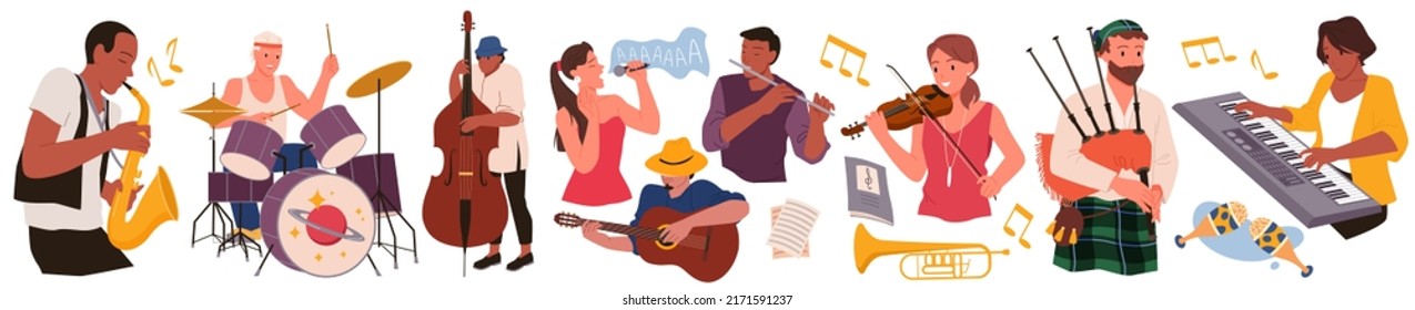 Musicians of band or orchestra with musical instruments set vector illustration. Cartoon male and female talent artists playing drum guitar piano flute saxophone violin on show isolated on white