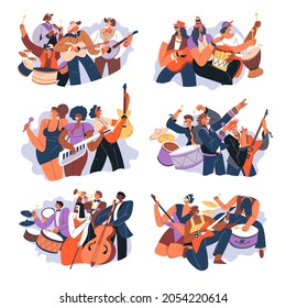 Musicians in band performing songs and playing music, isolated people with instruments representing genres and styles. Rock and jazz, classic and pop, country and reggae. Vector in flat style