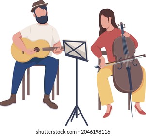 Musicians band semi flat color vector characters. Sitting figures. Full body people on white. Busking performance isolated modern cartoon style illustration for graphic design and animation