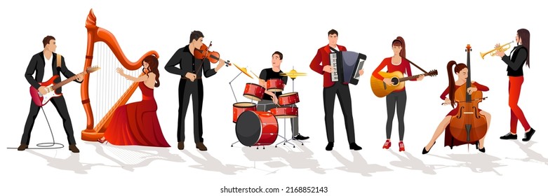 Musicians band set. Orchestra group. Girl guitarist, violinist. Man drummer. Woman in red dress play on harp, cello. Rock and classic music instrument isolated on white background. Vector illustration
