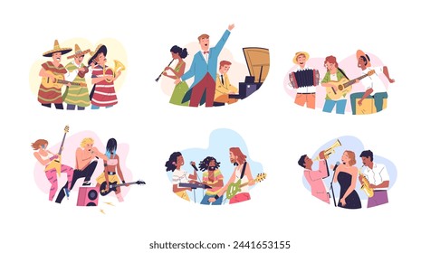 Musicians bands group. Musician band portrait, music group performing latin jazz or rock style sing, hipster woman man person playing musical instruments classy vector illustration