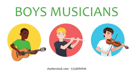 Musicians boys of different nations is inspired to play musical instruments. Violinist, flutist, guitarist. Vector illustration in flat cartoon style on white background for your design, print. Music.