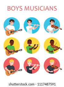 Musicians boys is inspired to play different musical instruments. Violinist, flutist, guitarist. Vector illustration in flat cartoon style in circle on white background for your design, print. Music.