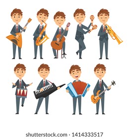 Musicians Boys Playing Different Musical Instruments Set, Talented Children Characters Playing Balalaika, Saxophone, Guitar, Maracas, Drum, Synthesizer, Trumpet, Accordion Vector Illustration