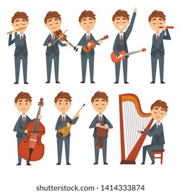 Musicians Boys Playing Different Musical Instruments Set, Talented Children Characters Playing Flute, Violin, Guitar, Ukulele, Harp, Cello, Ethnic Drum Vector Illustration