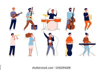 Musicians characters. Creative performing peoples in different poses playing at musical instruments and singing. Vector musicians