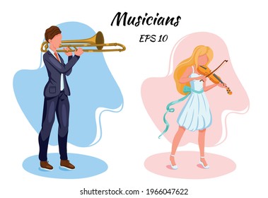 Musicians characters. The girl plays the violin. The boy plays the rambon. Cartoon style. Vector illustration for music schools. Design of postcards and banners.