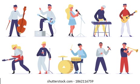 Musicians characters. Guitarist, singer, drummer and singer artist, metal and jazz artistic performers. Vocal singers people vector illustrations. Female and male musicians playing musical instruments