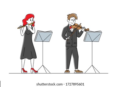 Musicians Characters with Instruments Perform on Stage with Violin and Flute. Symphony Orchestra Classical Music Concert, Performance on Philharmonic Scene, Ensemble. Linear Vector People Illustration