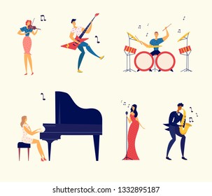 Musicians Characters Set. Jazz Rock Music Band Festival. Woman Playing Piano, Man Saxophone, Drums, Guitar, Musical Instruments. Flat Vector Cartoon Illustration