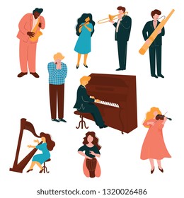 Musicians Characters set, People Playing on Classic Music Instruments Vector Illustration