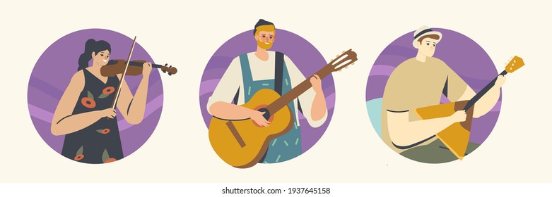 Musicians Characters with Stringed Instruments Perform on Stage with Violin, Guitar and Balalaika. Music Concert, Performance on Philharmonic Scene, Ensemble. Cartoon People Vector Illustration, Icons