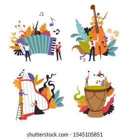 Musicians, classical and folk music, performance isolated icons vector. Harp and violin, harmonic and tomtom drum, musical instruments. Live sound, orchestra show or festival, men and women playing