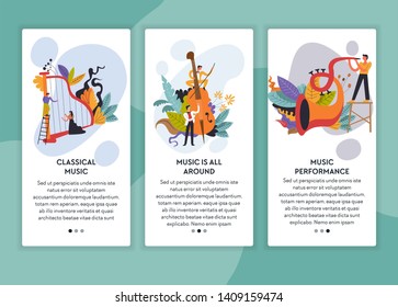 Musicians Classical And Jazz Music Performance Web Page Templates Vector Concert Harp Violin And Trumpet Or Saxophone Musical Instruments Live Sound Online Tickets Order Musicians Internet Site Show