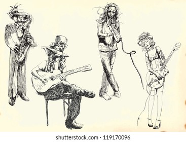 Musicians collection. Description: Editable in five layers. Colored vintage paper (background) in the bottom layer. Four black outlines group (musicians).