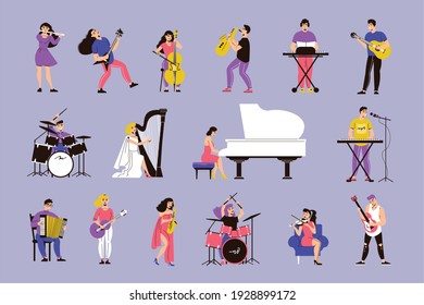 Musicians color set of isolated icons with human characters of men and women playing music instruments vector illustration