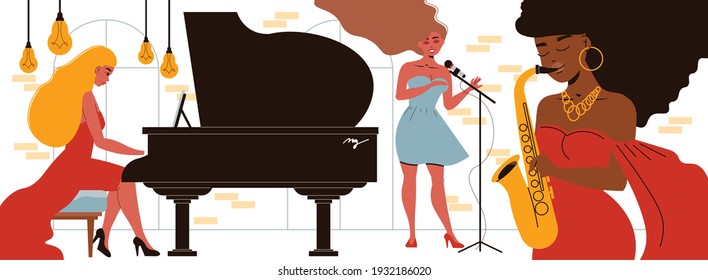 Musicians composition with indoor music club scenery and female characters singing playing grand piano and saxophone vector illustration