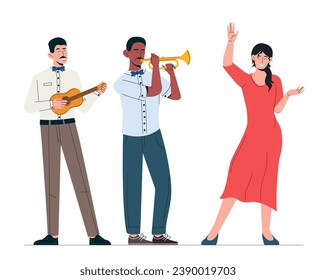 Musiker mit Tänzersatz. Jungs mit Gitarre und Saxophon bei Mädchen in rotem Kleid. Männer mit Musikinstrumenten. Kreativität und Kunst. Cartoon-Flachvektorgrafik einzeln auf weißem Hintergrund