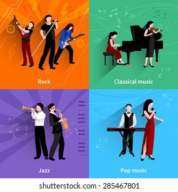 Musicians design concept set with pop rock jazz classical music players flat icons isolated vector illustration