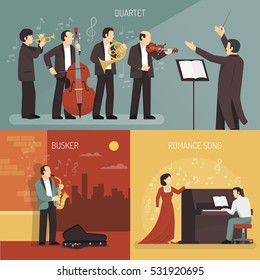 Musicians design concept set of quartet with conductor busker and romance song compositions flat vector illustration