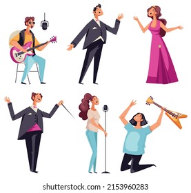 Musicians different style opera rock old school isolated set. Vector flat cartoon design element illustration