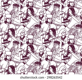 Musicians doodles ink crowd seamless pattern. Wallpaper with doodles group of musicians. Monochrome vector illustration.