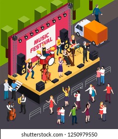 Musicians during performance on scene of music festival and dancing visitors isometric composition vector illustration