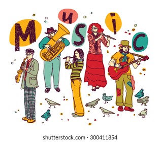 Musicians figures in full height separated on white. Color vector illustration. EPS 8.