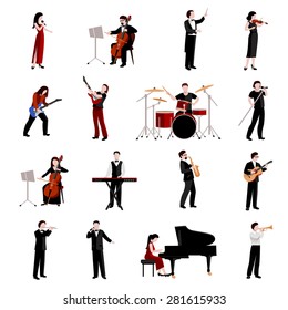 Musicians flat icons set with pianist clarinet trumpet guitar players isolated vector illustration