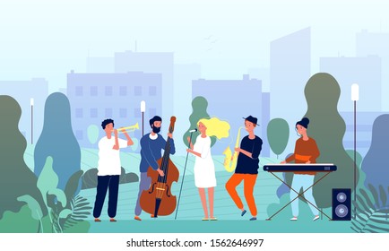 Musicians in garden. Music band performing show in park singers and musical players trees outdoor vector concept characters