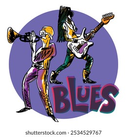 Musicians with guitar and trumpet, blues band, vector graphics drawing