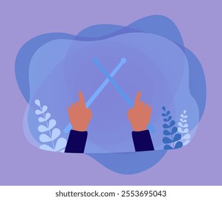 Musicians hands holding crossed drumsticks, top view. Person playing drum with sticks flat vector illustration. Acoustic music, orchestra concept for banner, website design or landing web page